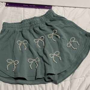 Peach Love California Green Skater Skirt with Pearl Bows